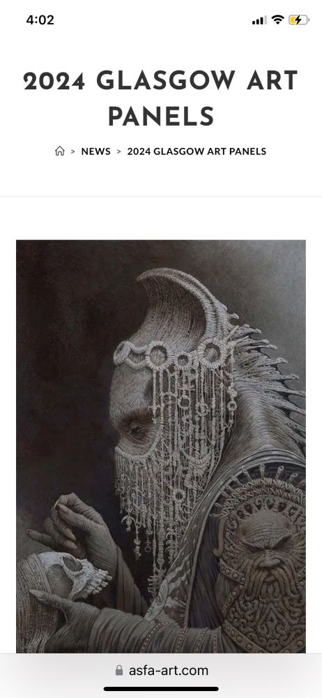 Image of the ASFA news page.  Has image of Ed Brinkley’s art a creature looking down at a skull and it’s face half covered with a beaded headdress.