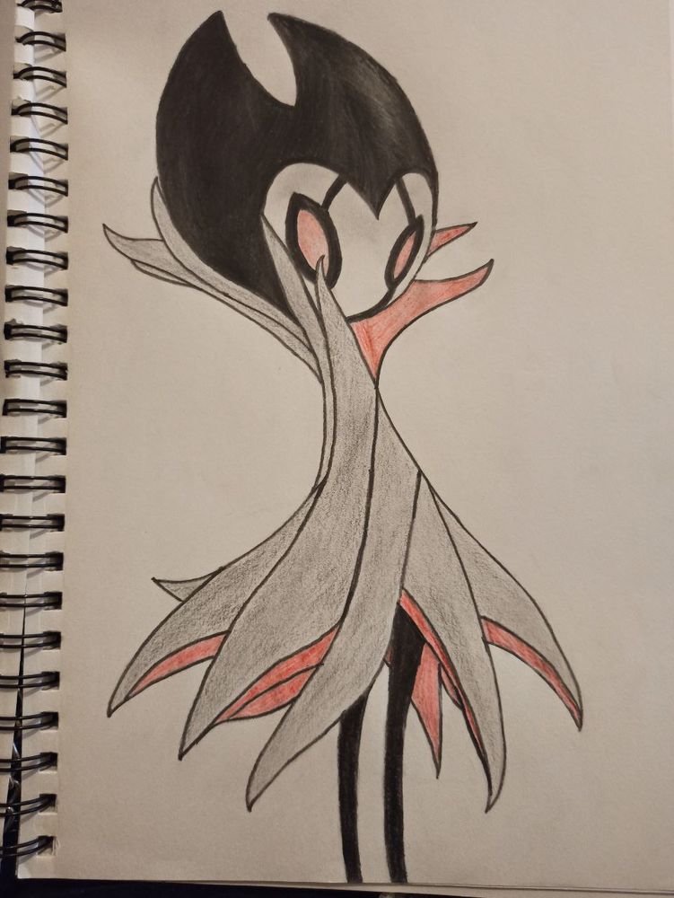 Drawing in a sketch book of a character from the game Hollow Knight named Grimm.