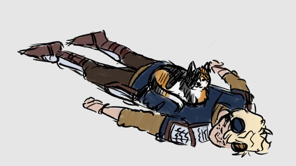 A coloured sketch of Viking laying face down on the ground with his cat Cranberry sitting on him. Viking is a white man with short wavy platinum blond hair, and he is wearing a dark yellow undershirt, a navy blue tunic, brown pants, tall armored boots, and armor on his shoulders and hips. Cranberry is a large fluffy calico cat with white, orange, and black fur. She is loafing on Viking's back with a smug pleased expression.