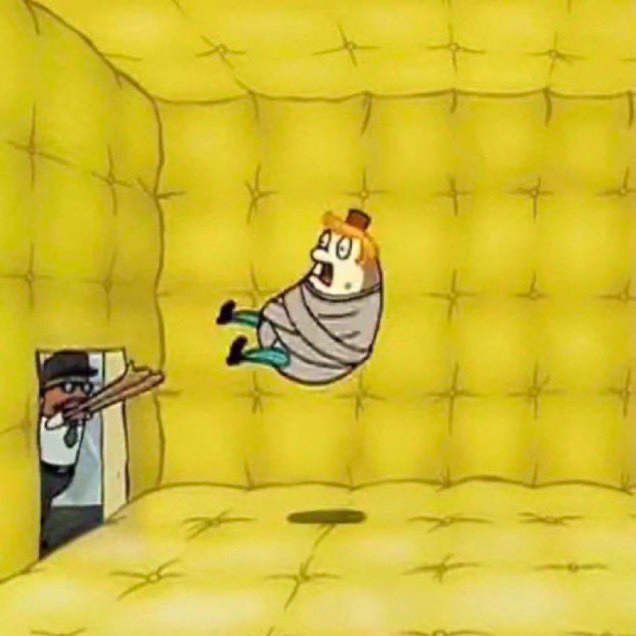 Mrs. Puff from SpongeBob being launched into a padded isolation cell, wrapped up in what appears to be a straight jacket