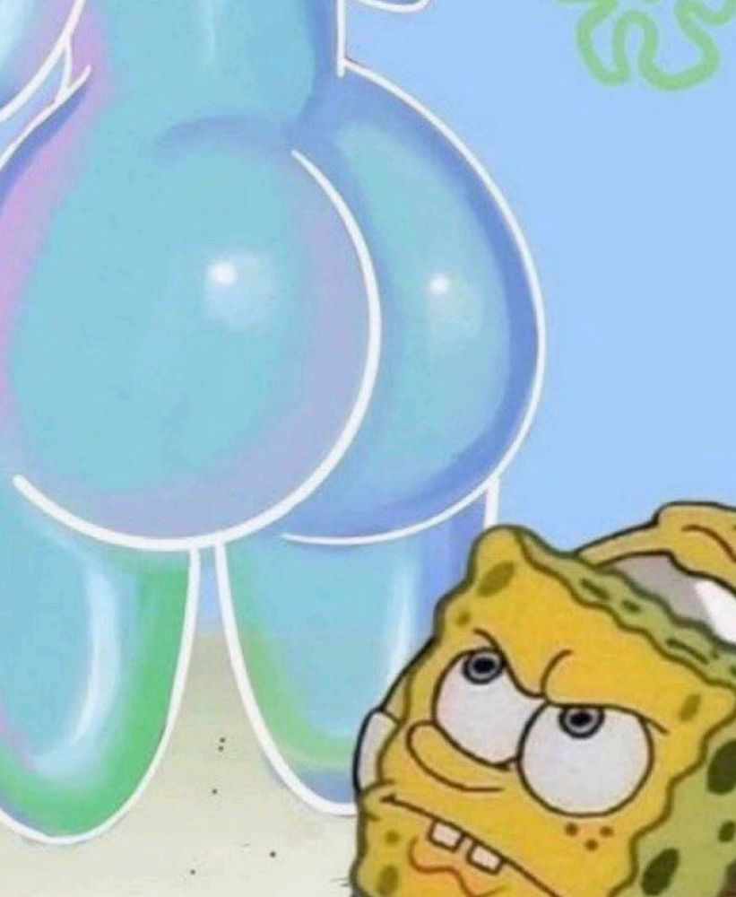 Picture of SpongeBob with a concentrating look on his face about to slap bubble buddy’s bubble butt