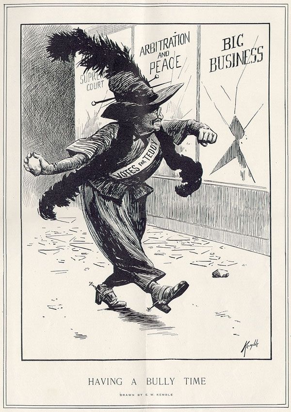 Teddy Roosevelt drawn as a "cross dressing sufferagette", rioting and throwing rocks into windows. The windows read: "The Supreme court" which references fear mongering to stacking the Supreme Court. "Arbitration and Peace" which fear mongers to the civil rights protests of the early 1900's. "Big Business" which fear mongers to the destruction of the economy. 