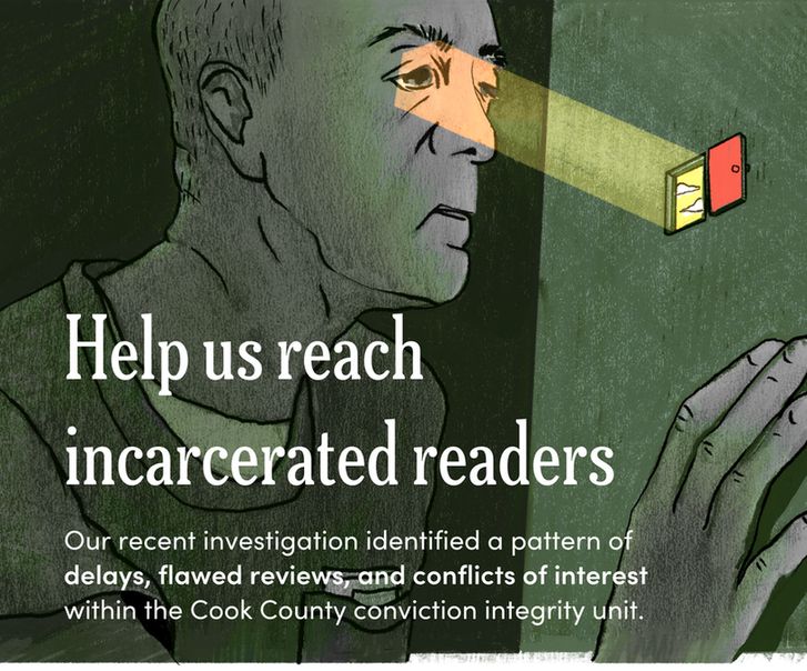 An illustration of a man looking out a tiny door. Overlaid text reads "Help us reach incarcerated readers."