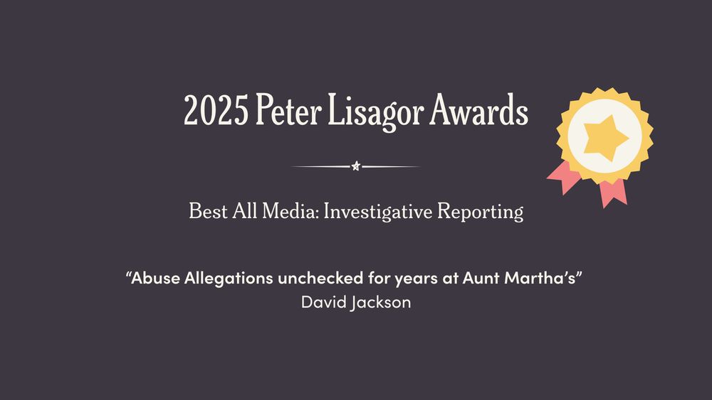 A graphic titled "2025 Peter Lisagor Awards" announces David Jackson as the winner in the Best All Media: Investigative Reporting category