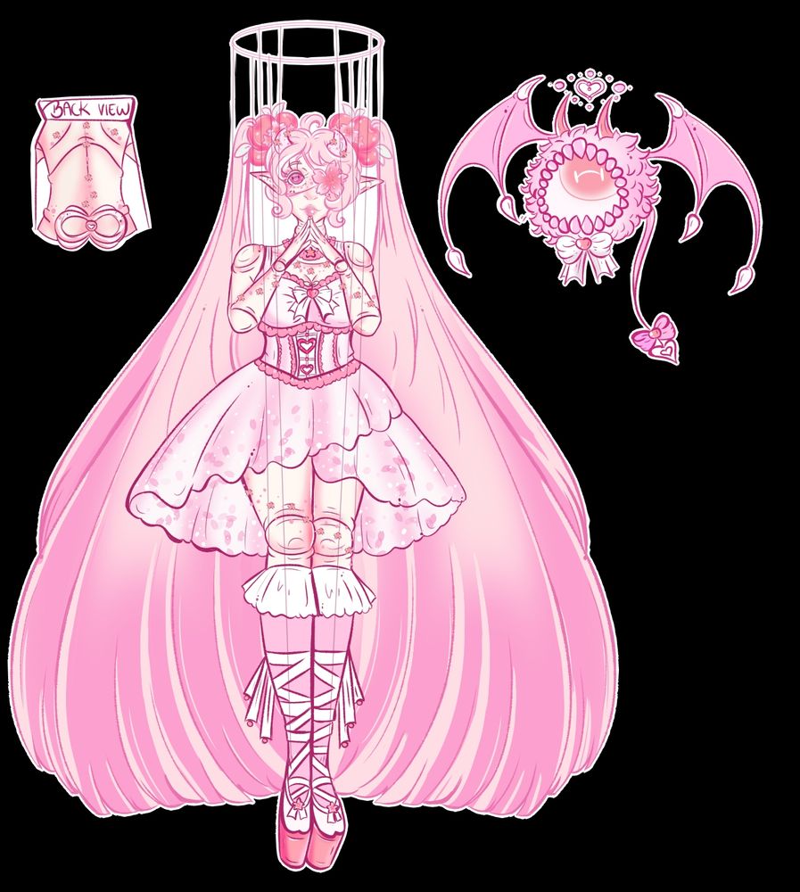 Pink sakura long haired ball joined doll design wearing soft pink cute lolita fashion look with sakura petal print on the skirt. The corset has heart bow and lace pink designs. The socks are knee lenght and white frill design. Shoes are tabi shoe ballet platforms w white ribbon tied up the legs. The hair is in twintails and pink to soft whiteish peachy pink design. One eye is covered with a cherry blossom flower eye patch. Pink lips, soft light pink colors. Horns are demon short horns. The eyebat pet has pink soft matching sakura look with bow demon tail, fuzzy pink base and heart gem halo above its head.