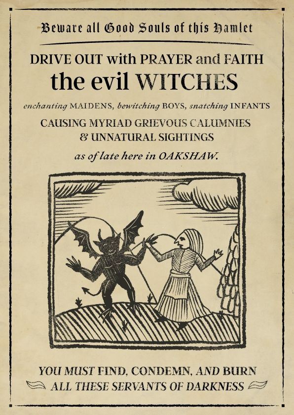 A worn 18th century poster depicts a demon enchanting a young maiden. This is a promotion for the upcoming indie game "The Tūn-Gāst of Oakshaw"

Image text: "Beware all good souls of this Hamlet. Drive out with prayer and Faith the evil witches enchanting maidens, bewitching boys, snatching infants. Causing myriad grievous calumnies & unnatural sightings as of late here in Oakshaw. You must find, and done and burn all of these servants so darkness.'