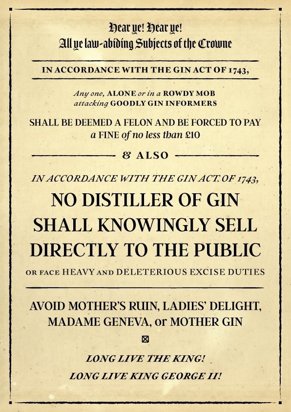 A worn 18th century poster covers the reaction to the Gin Act of 1743 while also serving as a promotional poster for the game "The Tūn-Gāst of Oakshaw"