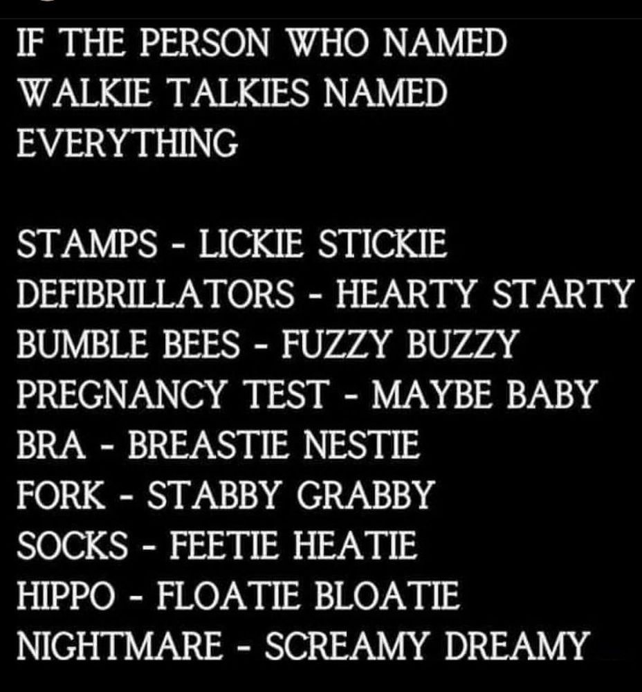 If the person who named walkie talkies named everything:
Stamps - Lickie Stickie
Defibrillators - Hearty Starty
Bumble Bees - Fuzzy Buzzy
Pregnancy Test - Maybe Baby
Bra - Breastie Nestie
Fork - Stabby Grabby
Socks - Feetie Heatie
Hippo - Floatie Boatie
Nightmare - Screamy Dreamy