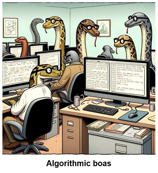 Comic of snakes working at computers, with the caption "algorithmic boas"