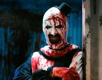 Art the Clown from the Terrifier series, covered in blood