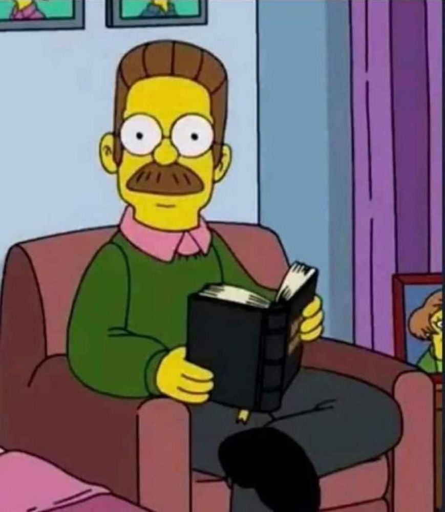 Ned Flanders looking directly at you, looking up from reading the Bible, sitting in a comfortable position 