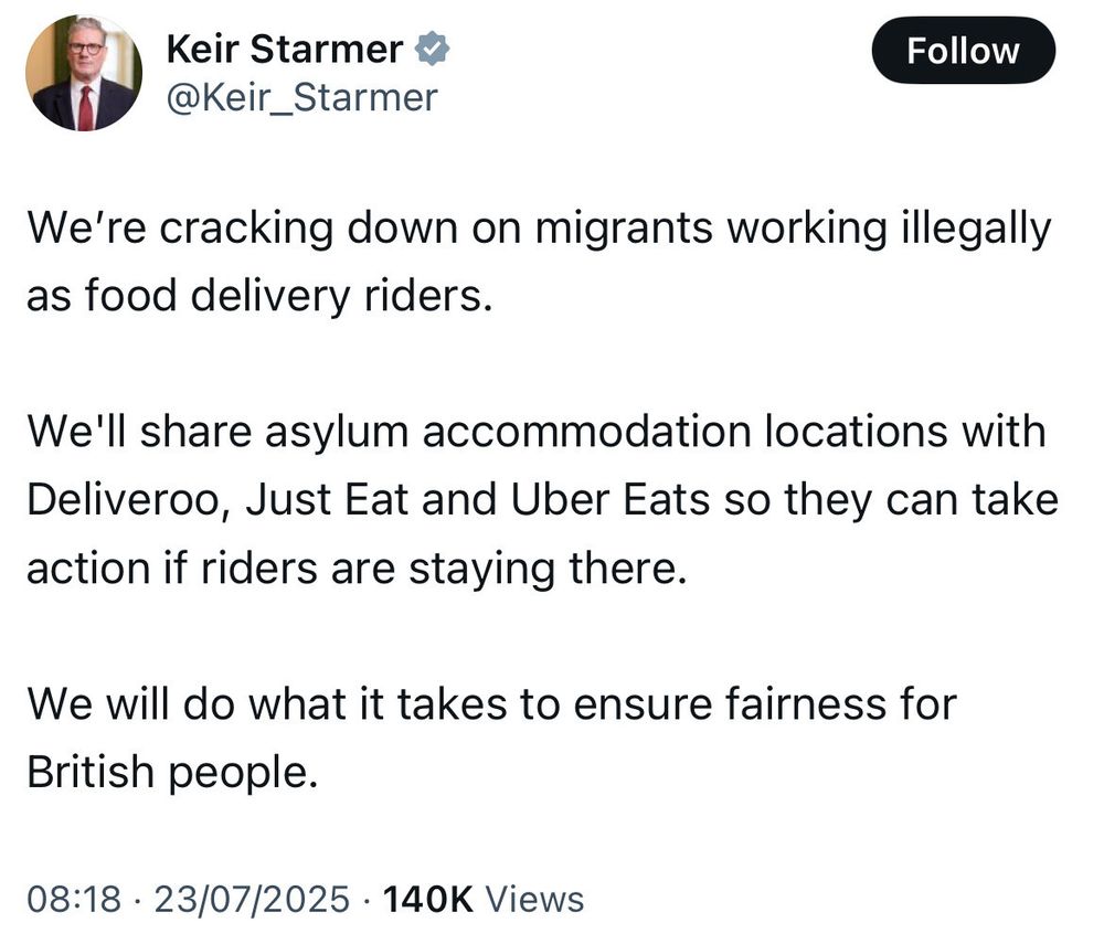 Keir Starmer message saying they will reveal asylum accommodation addresses to food delivery companies 