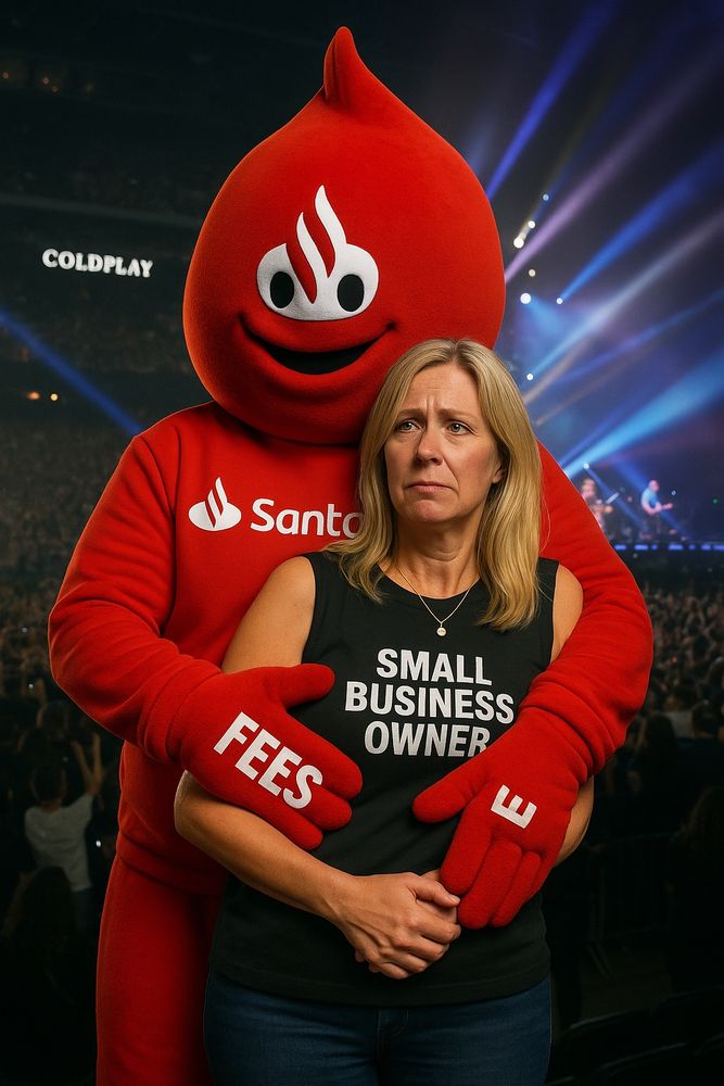 Santander mascot with arms gripping upset female small business customer at a Coldplay concert in parody of recent news item
