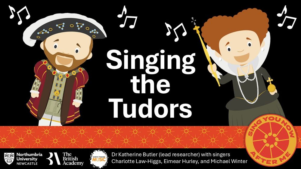 Cartoon-style figures of Henry VIII and Elizabeth I, flanked by musical notes, surround the title 'Singing the Tudors'