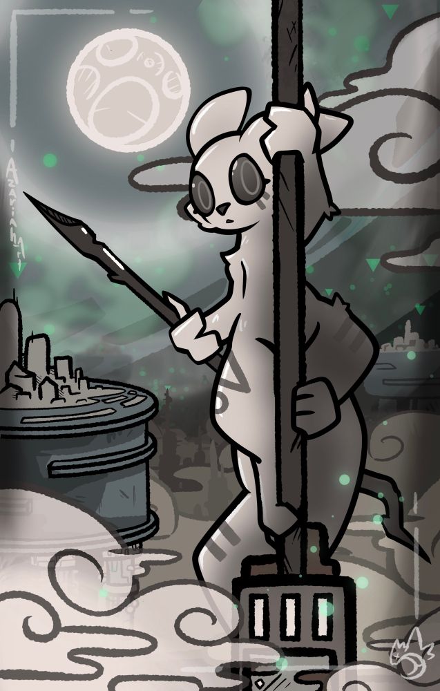 Scug on a pole, skyline in background of iterator cans