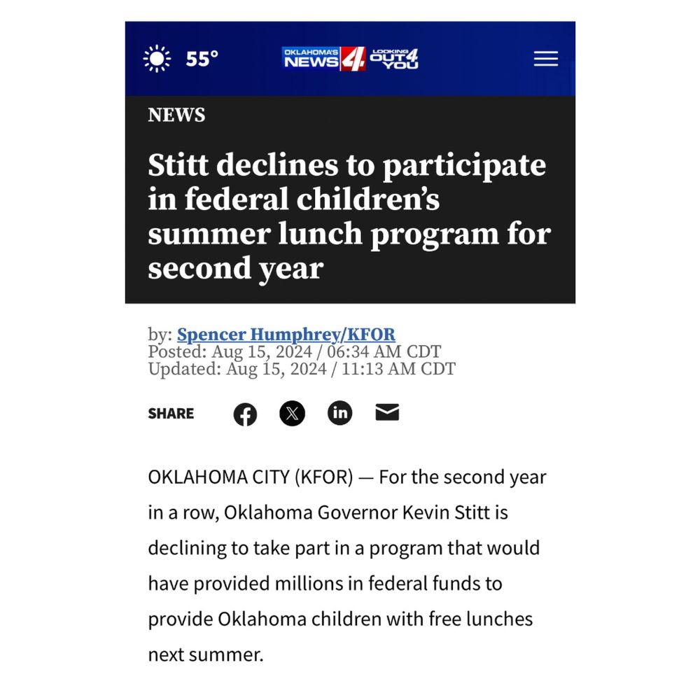 Oklahoma News report about the state turning down federal money for hungry kids.