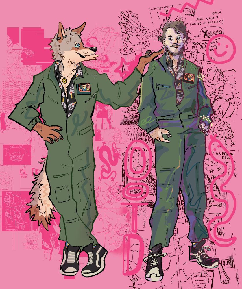anthro coyote and human guy in a jumpsuit and vans, wearing a button down with cranes printed on it. they're looking at each other and posing casually. behind the human are sketches from a life journal; behind the coyote are more furry doodles.