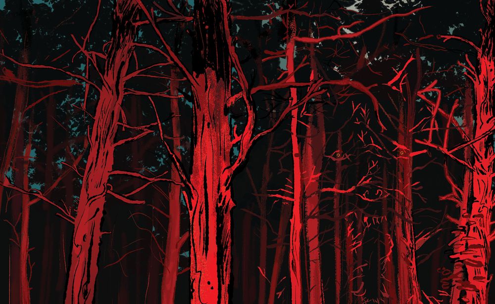 a tangle of tall, bright red trees, branches reaching out like blood vessels. hidden among the branches is the image of a wolf with eerie yellow pupils and razor-sharp teeth.