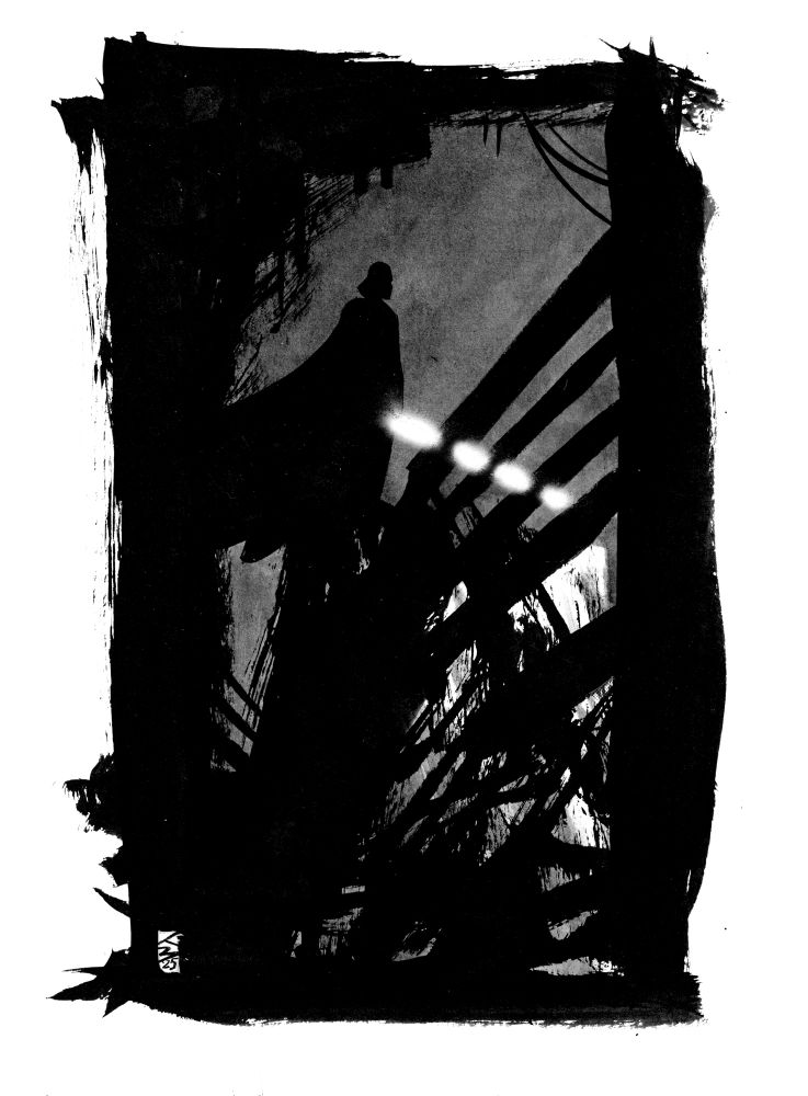 Black and white ink illustration of star wars villain earth Vader with lightsaber.