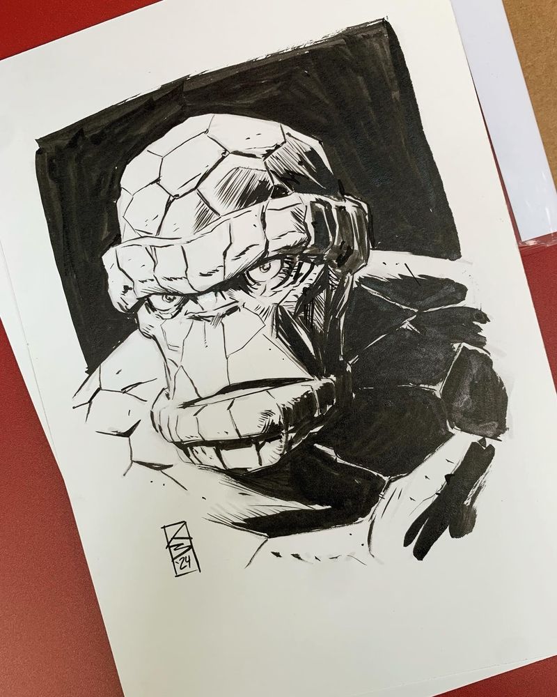 Black and white illustration of the marvel comics character the the thing (Ben Grimm). Playable character in marvel rivals.