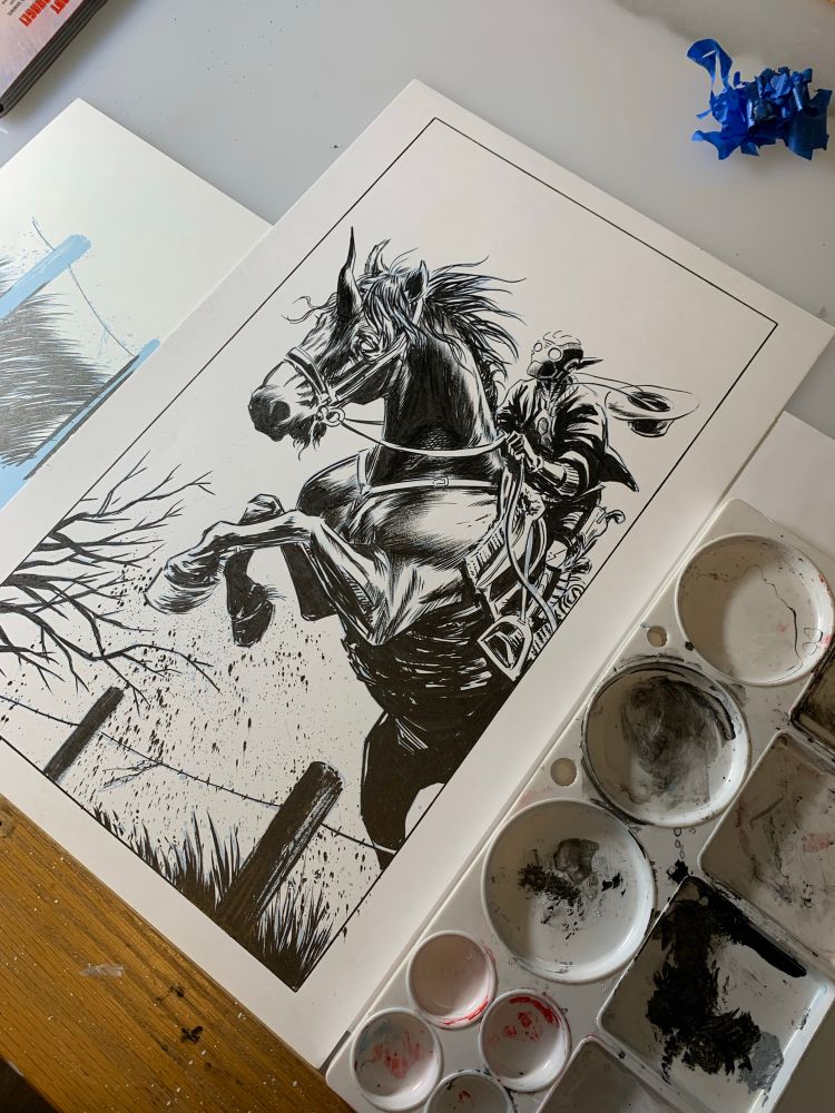 Black ink drawing of an android riding a unicorn jumping over a barbed wire fence with a tree in the background