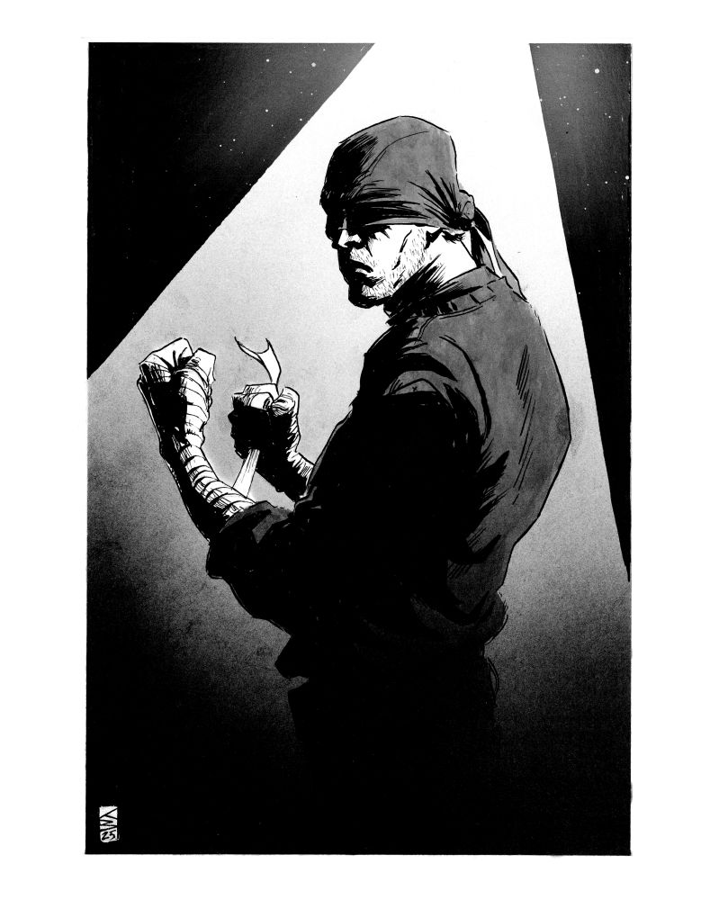 A black and white ink drawing of Marvel comics superhero daredevil standing beneath a light in his early days black costume tightening a boxing wrap around one arm.