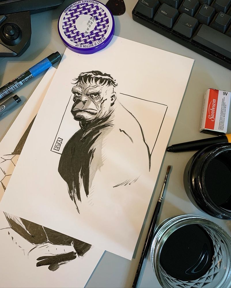 Black and white illustration of the marvel comics character the incredible hulk (Bruce banner) in the style of comic book illustrator Tim sale. Playable character in marvel rivals.

