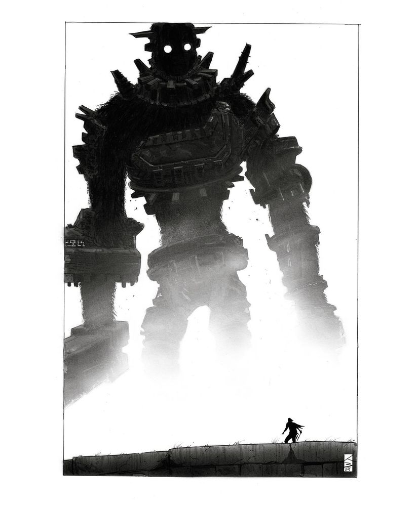 A black and white, ink and airbrushed acrylic illustration of the third boss from the 2005 video game shadow of the colossus developed by Sony computer entertainment Japan, directed by Fumito Ueda. The colossus looms large with its lower body obscured by atmospheric fog. Player character Wander stands silhouetted in the foreground dwarfed by the colossus. Team ico.