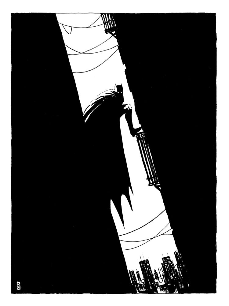 Ink Illustration of DC comics superhero Batman stepping between the first escapes of two adjacent buildings. The skyline of Gotham city is in the background.