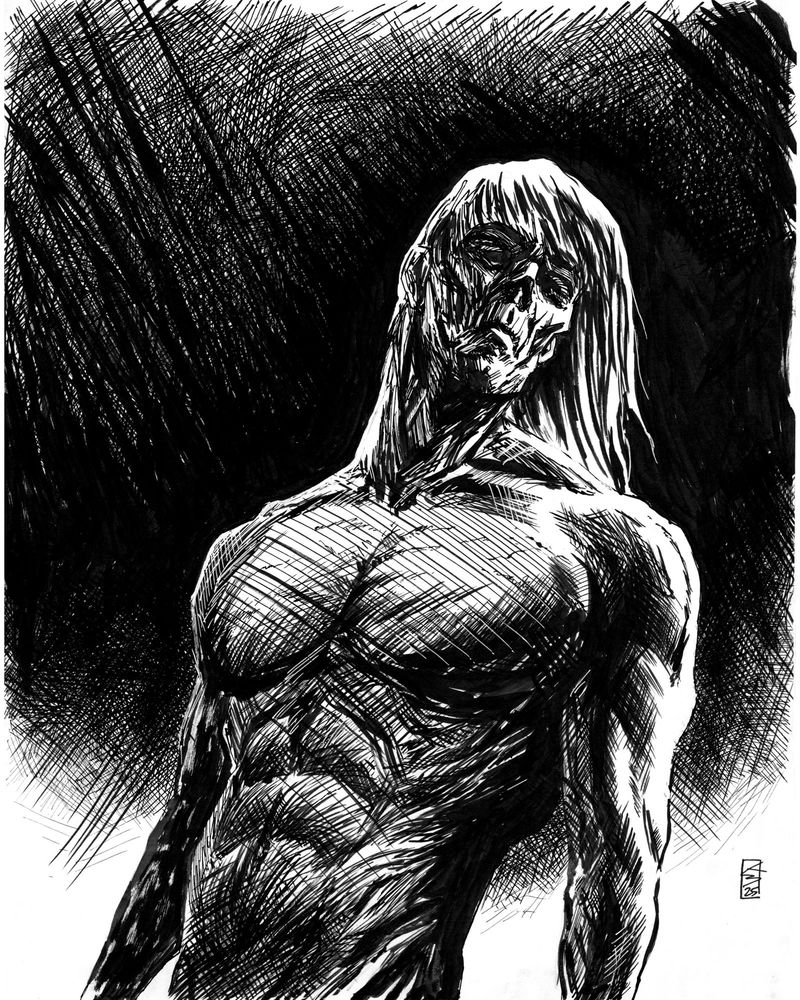 Black and white ink illustration of Frankenstein’s monster inspire by Bernie Wrightson. 