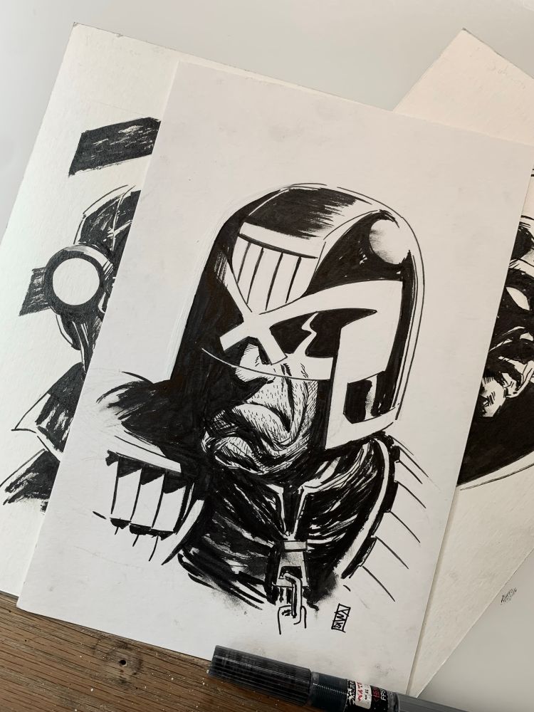 Black and white ink illustration of 200ad character judge dredd