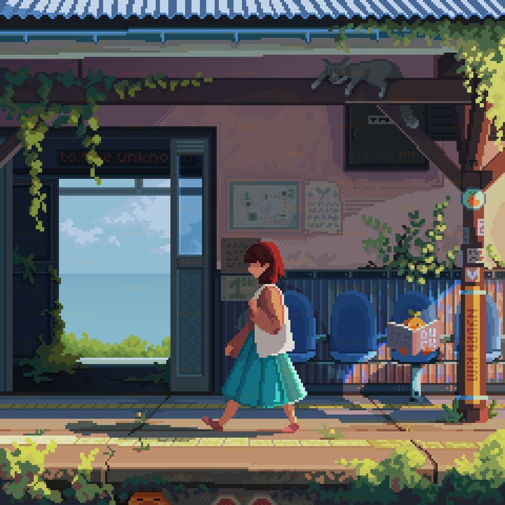 a pixel art scene of a full body profile of a girl in a tilt skert going on her way through the overgrown train station; the sun sets on her back and the shadows are falling in front of her; there's a open doorframe to the water side; a grey cat laying in the shadows of the roof, relaxed and watching; two little ducklings hiding: one with a book on the blue chair behind a girl - the book has a title "duck" on it; the other one is hiding under the platform, near by reils; you can almost hear the distant waves of the water and feel the fresh wind, it's warm and cozy