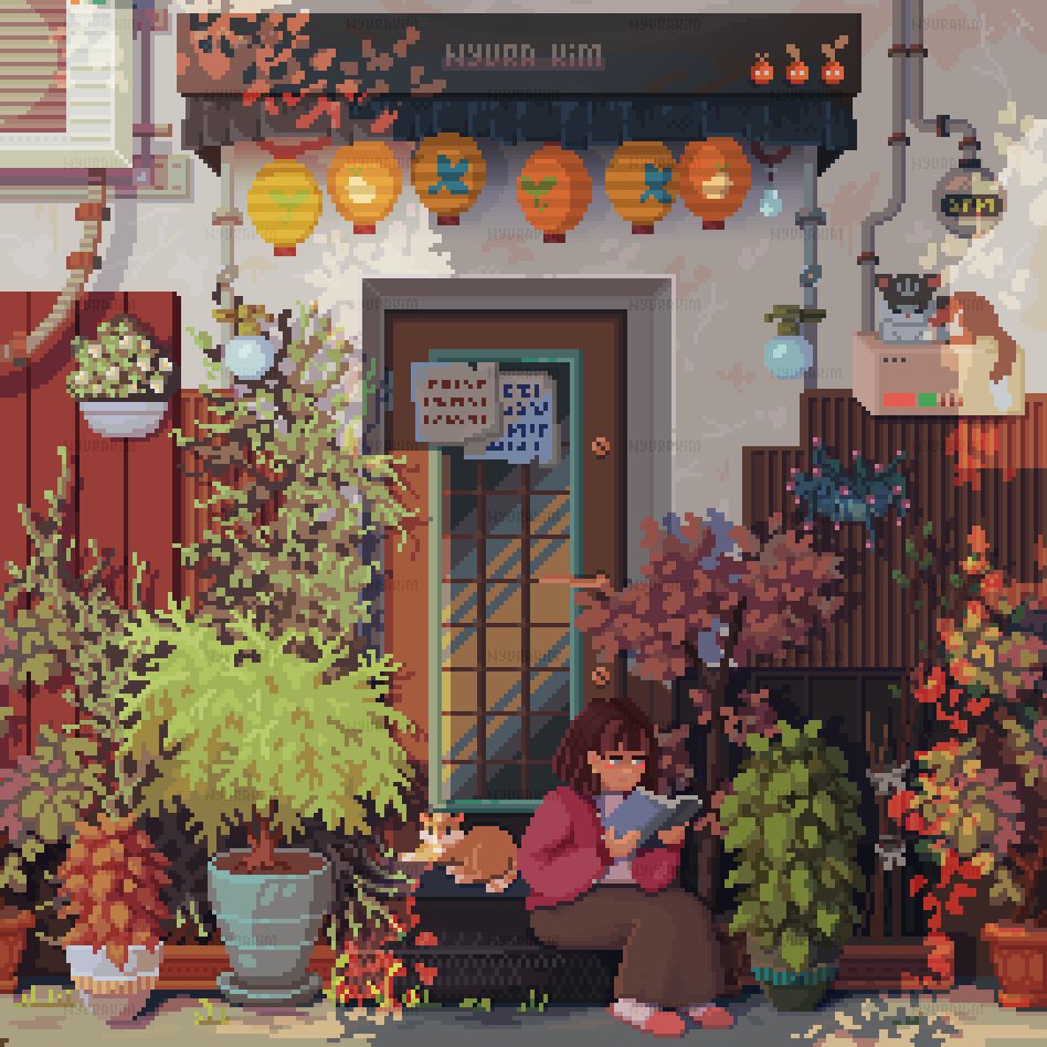 pixel art scenery in bright summer colours; girl sitting on the steps right outside of her house, reading a book - she's surrounded by the rich garden of all shapes and sizes' behind her laying down a small ginger can and on the right side of the wall, on the conditioner system is another cat - grey and white coloration, bigger sized; the sun putting a vey gentle shadow over the building, feels like home