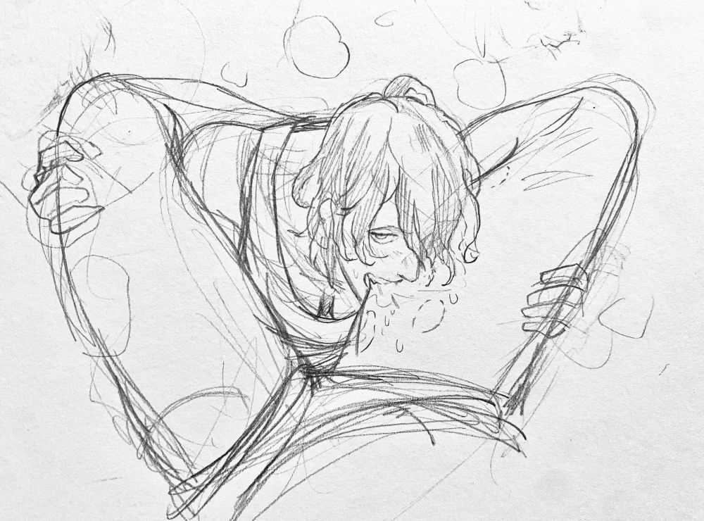 Quick sketch of a woman biting another woman’s inner thigh