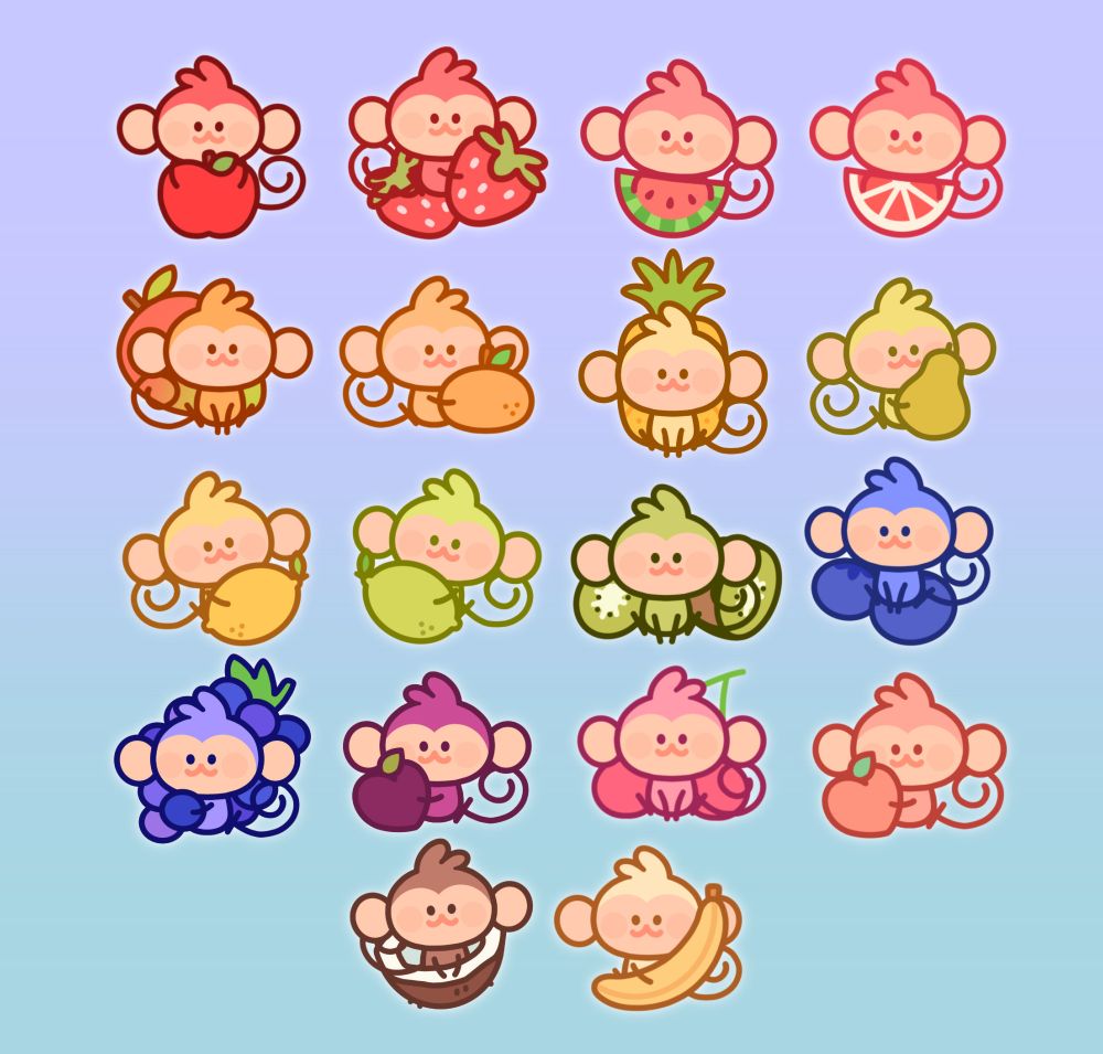 drawing of lots of cute little cartoon monkeys holding fruit, each the same color as the fruit itself. there's 18 different ones such as apple, banana, lemon, blueberry, etc. 