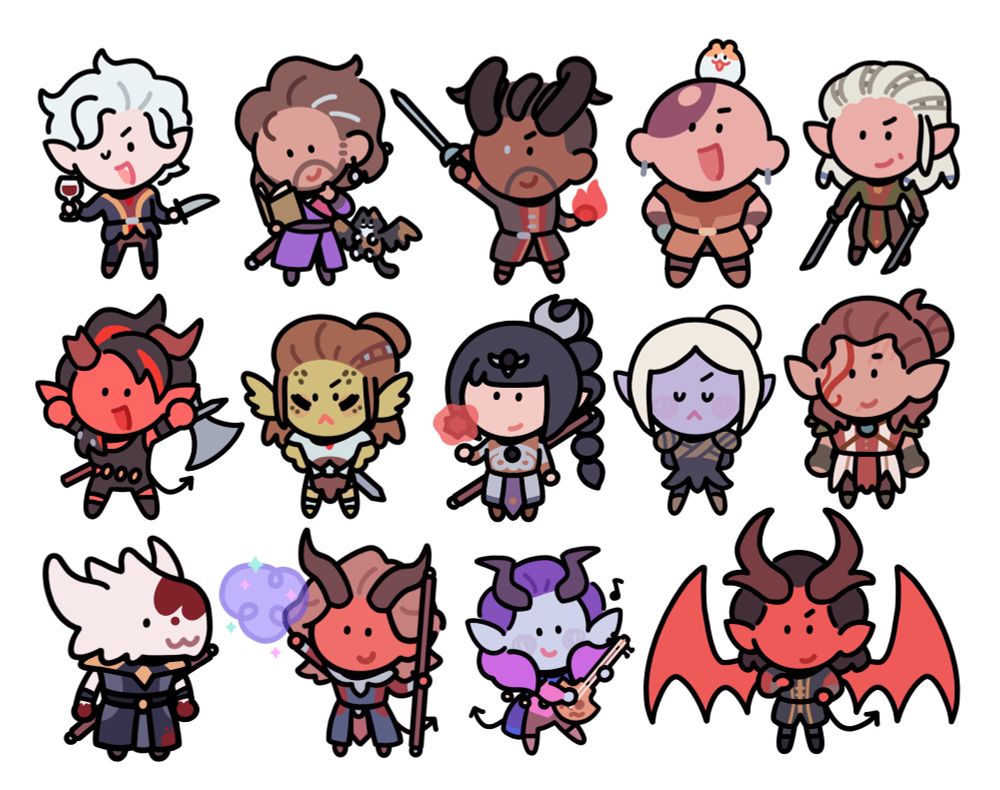 tiny simplified chibis of the BG3 cast. the style is more western with little dot eyes and thick black lines. the characters are: Astarion with wine and a dagger, Gale reading with Tara, Wyll with his sword, Minsc happily with Boo, Jaheira double-wielding, Karlach with her arms up, Lae'zel angry, Shadowheart with the artifact, Minthara with her hands behind her back, Halsin just standing cutely, The Dark Urge with blood on him, Rolan doing magic, Alfira playing her lute, and Raphael in his demon form. 