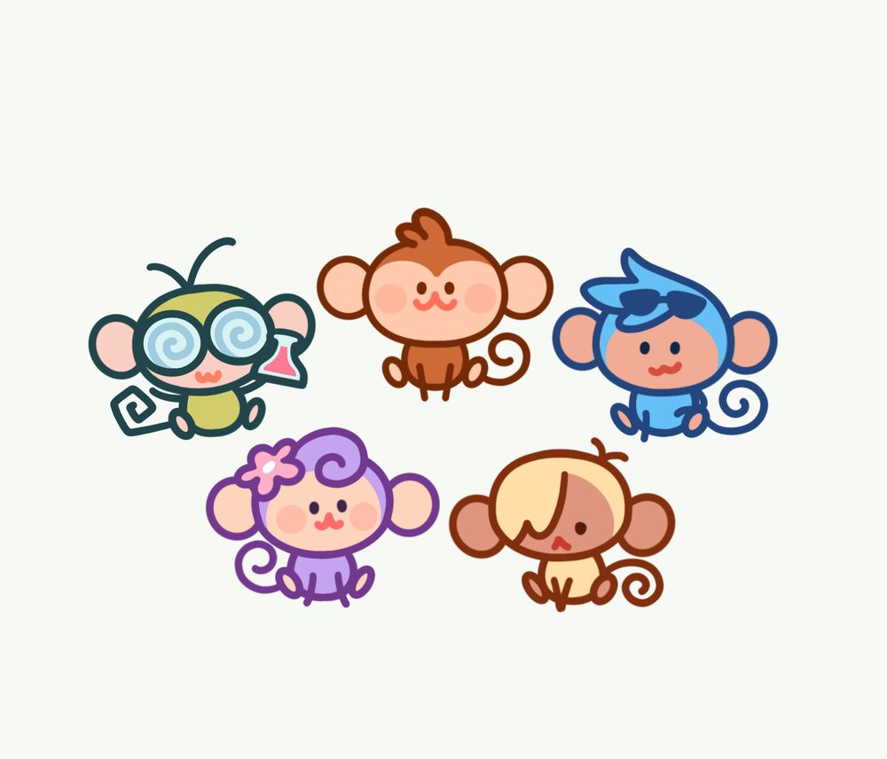art of some colorful little cartoon monkeys. a green scientist monkey with big silly glasses, a happy brown monkey that gives off main character vibes, a cool blue monkey with sunglasses, a cute purple monkey with a pink flower in her hair, and a shy yellow monkey. 