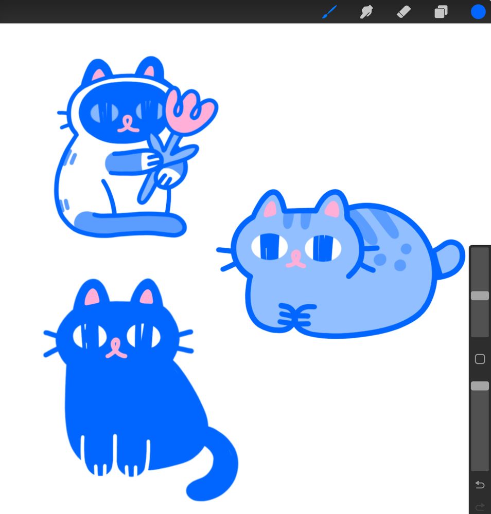 blue and pink art of a Siamese cat holding a tulip, a black cat sitting, and a tabby bobtail loafing. 
