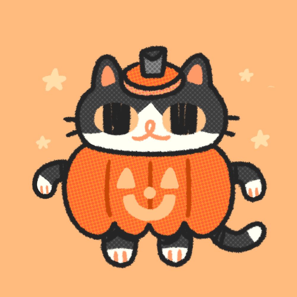 drawing of a black and white cat dressed up as a pumpkin. the background is yellow with stars. 