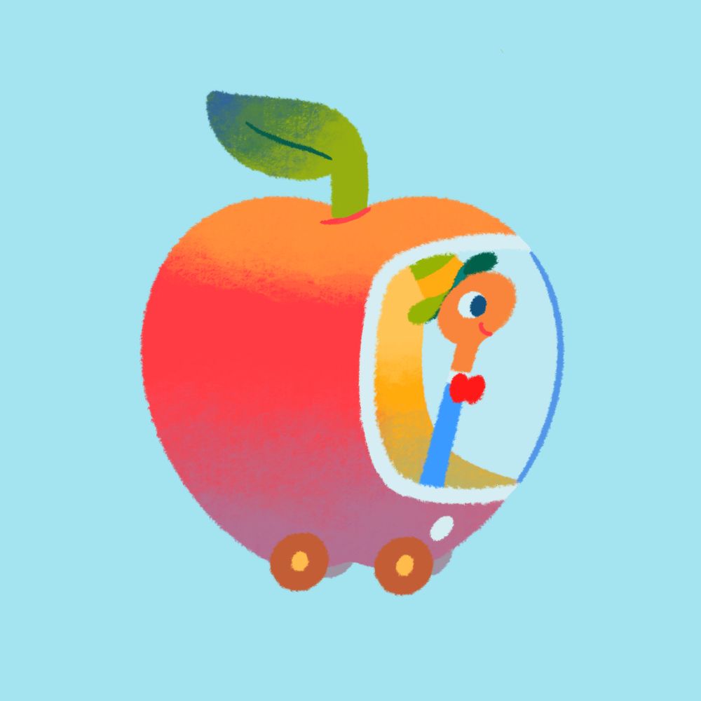 redraw of Richard Scarry's famous Lowly Worm in his apple-shaped car. he is a quaint little worm in a blue shirt, red bowtie, and green hat.