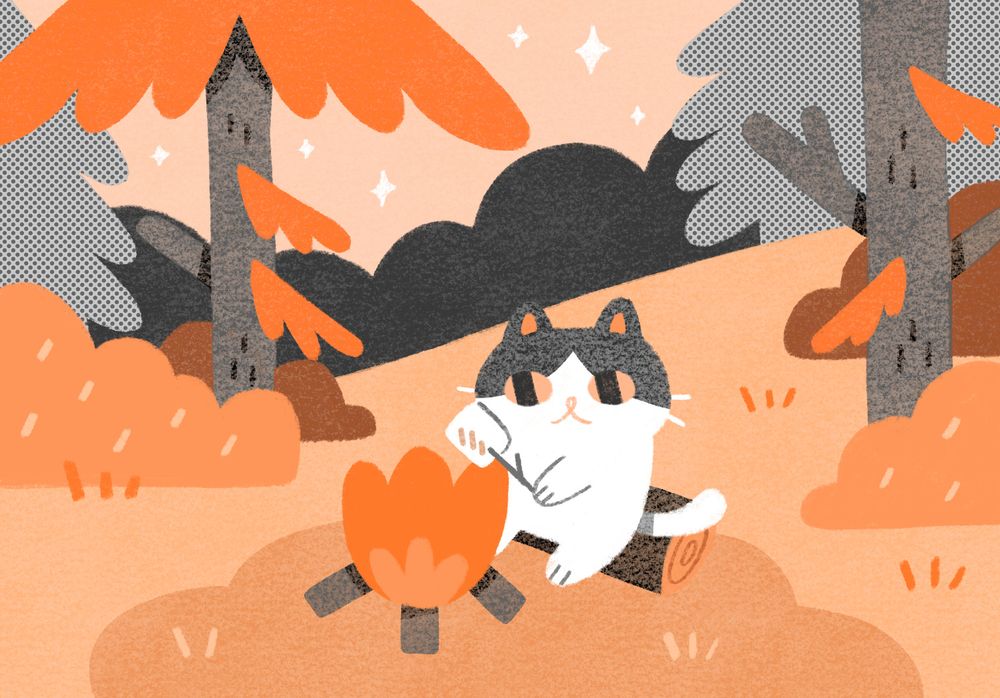 a little tuxedo cat roasting a marshmallow over a fire in the forest. the colors are all shades of gray and orange. 