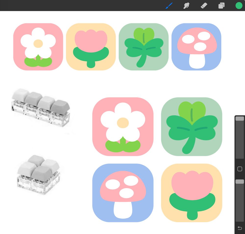 4 mockups of keys: a white flower on a pink key, a pink tulip on a yellow key, a clover on a green key, and a mushroom on a periwinkle key. 