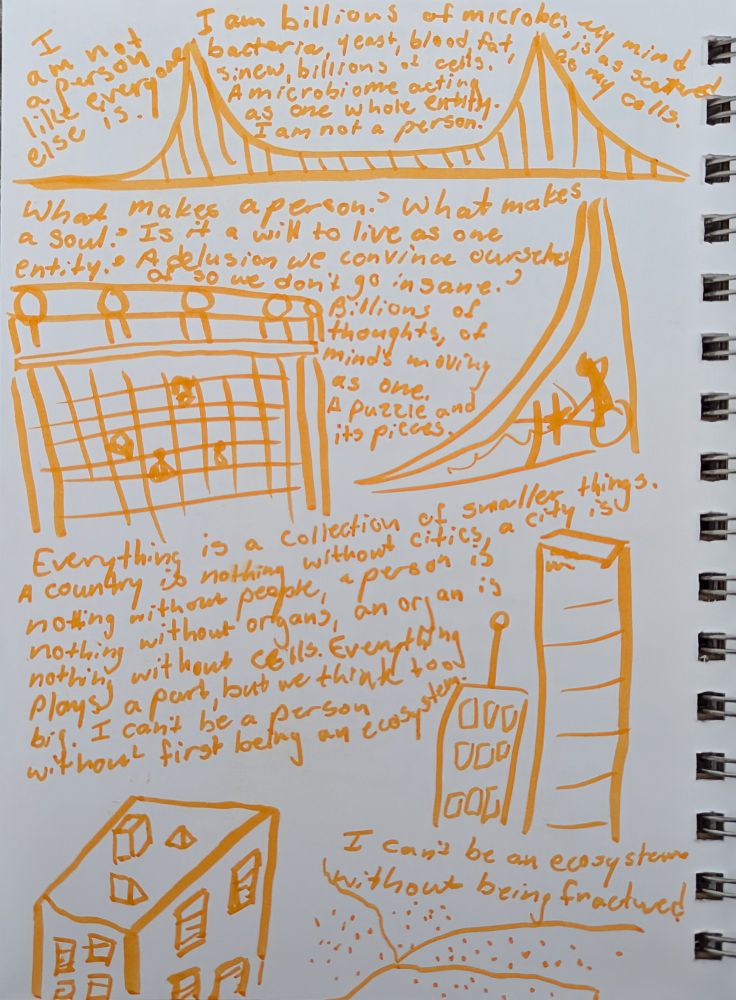 An image of a sketchbook. The drawings and text are a monochromatic orange. The text on the page is interspersed with crude drawings of bridges and buildings. The text reads, "I am not a person like everyone else is. I am billions of microbes. Bacteria, yeast, blood, fat, sinew, billions of cells. A microbiome acting as one whole entity. I am not a person. My mind is as scattered as my cells. 

"What makes a person? What makes a soul? Is it a will to live as one entity? A delusion we convince ourselves of so we don't go insane? Billions of thoughts, of minds, moving as one. A puzzle and its pieces.

"Everything is a collection of smaller things. A country is nothing without cities, a city is nothing without people, a person is nothing without organs, an organ is nothing without cells. Everything plays a part, but we think too big. I can't be a person without first being an ecosystem.

"I can't be an ecosystem without being fractured."