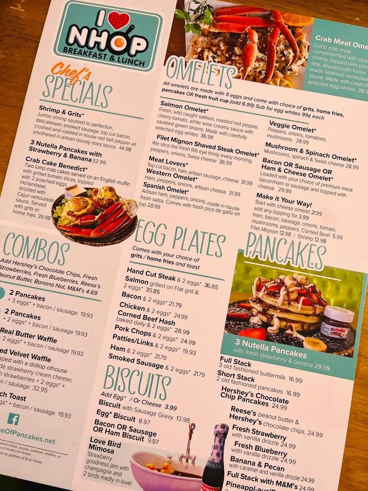 NHOP menu highlighting omelets, pancakes, and chef’s specials. Dishes like 3 Nutella Pancakes with Strawberry & Banana for $32.99 and Shrimp & Grits for $44.99 stand out for their surprisingly steep prices.