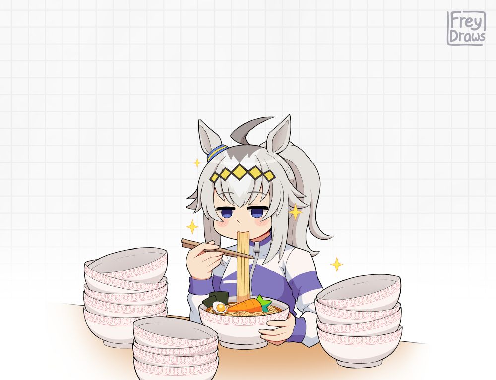 oguri cap, from umamusume, slurping on some noodles, surrounded by empty bowls. she's very hungry.