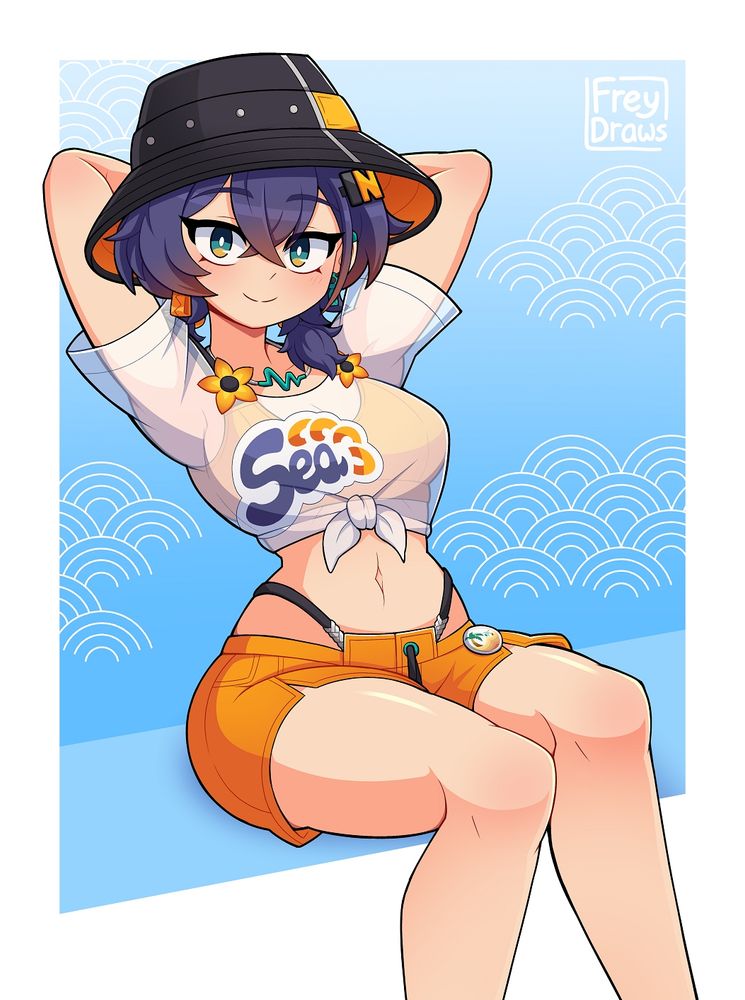 Belle from Zenless Zone Zero, lounging around in her summer outfit