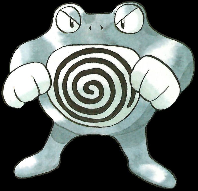 Older watercolor art of Poliwrath. This illustration gives him a greyish, kind of mottled skin color but everything seems to be retained even in the more modern depictions.