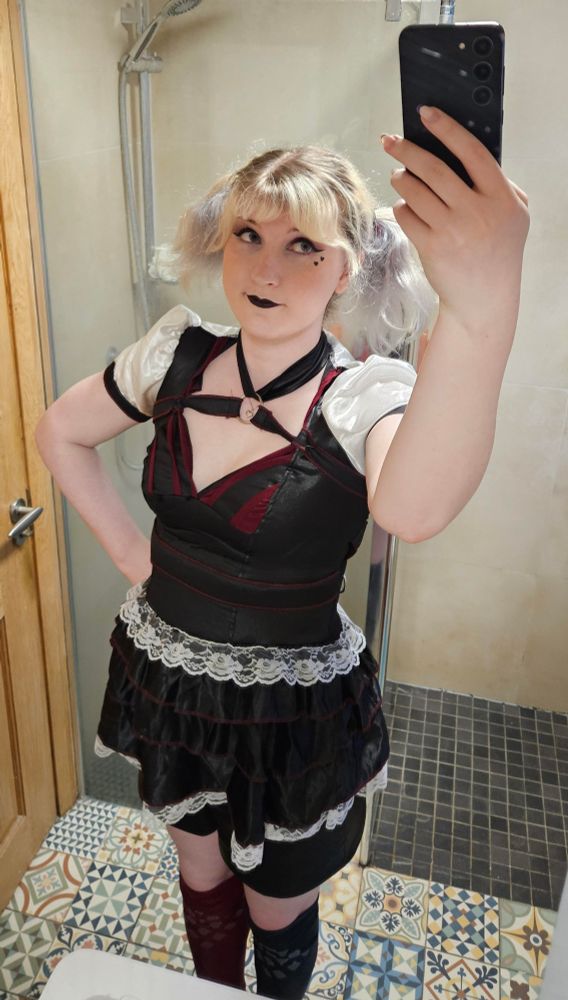 Gwebulls dressed as Harley Quinn taking a mirror selfie