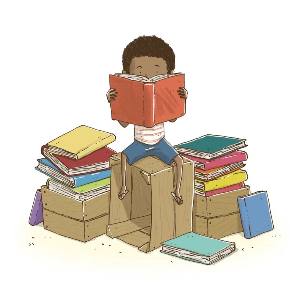 World Kid Lit logo. A child sitting on a big pile of books and reading.