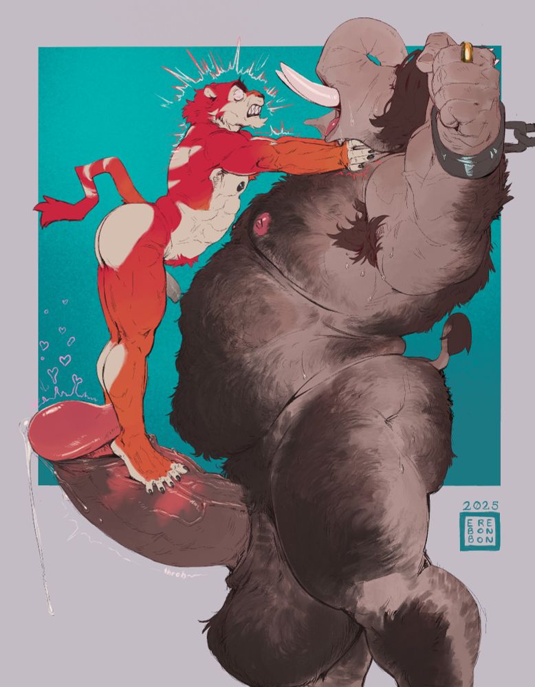 Req (my orange and red tiger) standing on Titan's (@titantuskin.bsky.social) dick and trying to kill Titan (failing).